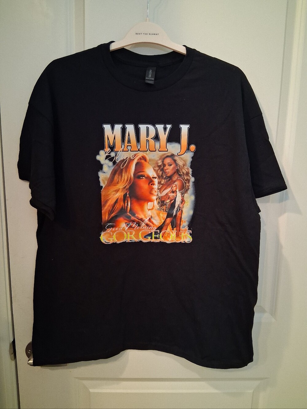 Mary J Gildan Black T‑Shirt with White Block Print